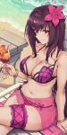  1girl alternate_costume bangs beach bikini blush bracelet breasts chair cleavage collarbone cup day fate/grand_order fate_(series) flower hair_flower hair_ornament haoni hibiscus highres holding holding_cup jewelry large_breasts long_hair looking_at_viewer lounge_chair navel purple_bikini purple_hair red_eyes sarong scathach_(fate)_(all) scathach_(fate/grand_order) scathach_(swimsuit_assassin)_(fate) sitting smile solo swimsuit table thigh_strap translucent_sarong very_long_hair 