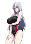  1girl breasts brown_eyes covered_navel covered_nipples earrings groin hair_between_eyes idolmaster idolmaster_cinderella_girls jewelry large_breasts long_hair one-piece_swimsuit silver_hair simple_background solo swimsuit takamine_noa tawashi1623 white_background 