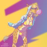  anthro bikini blonde_hair breasts bubble_gum bulge clothed clothing giraffe giraffid gynomorph hair intersex mammal open_jacket simple_background smile solo standing stoopix swimwear 