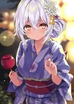  1girl bangs blurry blurry_background blush crossed_bangs cu-no eyebrows_visible_through_hair flower hair_flower hair_ornament hair_up hisenkaede japanese_clothes kimono long_hair looking_at_viewer night orange_eyes rapua_qive short_hair silver_hair solo upper_body yukata 