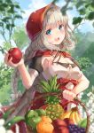  1girl :d absurdres apple banana bangs basket black_ribbon blue_eyes blue_sky blurry blurry_foreground blush bow braid breasts cape cleavage cloud commentary_request day depth_of_field eyebrows_visible_through_hair fate/grand_order fate_(series) food fruit grapes green_apple grey_bow grey_cape grey_hair hair_bow heroic_spirit_chaldea_park_outfit highres holding holding_basket holding_food holmemee hood hood_up hooded_cape long_hair marie_antoinette_(fate/grand_order) medium_breasts multicolored multicolored_cape multicolored_clothes open_mouth outdoors pineapple puffy_short_sleeves puffy_sleeves red_apple red_cape ribbon round_teeth shirt short_sleeves single_braid sky smile solo teeth upper_teeth very_long_hair white_shirt 