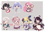  6+girls ;d aizono_manami animal_ears apron asymmetrical_legwear bangs black_footwear black_hair black_kimono blonde_hair blue_eyes blue_hair blue_hakama blue_kimono blue_skirt blush_stickers boots breasts brown_eyes brown_skirt checkered checkered_ribbon chibi cleavage cleavage_cutout cross-laced_footwear cup dog_ears dog_girl dog_tail dotted_line elf elu_(nijisanji) eyebrows_visible_through_hair frilled_apron frills green_eyes grey_background grey_hair hair_between_eyes hair_ribbon hakama heterochromia holding holding_tray inui_toko japanese_clothes kimono kneehighs lace-up_boots long_hair long_sleeves maid_apron maid_headdress medium_breasts mononobe_alice multiple_girls nijisanji one_eye_closed open_mouth pantyhose parfait pink_hair pink_kimono pleated_skirt pointy_ears puffy_short_sleeves puffy_sleeves purple_eyes purple_hakama red_eyes red_skirt ribbon saucer shirt short_eyebrows short_sleeves single_kneehigh single_thighhigh skirt sleeves_past_fingers sleeves_past_wrists smile striped striped_legwear tail tea teacup teapot thick_eyebrows thighhighs tray tsukino_mito twintails two-tone_background ushimi_ichigo very_long_hair virtual_youtuber wa_maid waist_apron white_apron white_background white_legwear white_shirt yamabukiiro yuuki_chihiro 