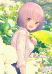  :d blue_skirt blush commentary_request flower from_side hydrangea lavender_hair leaf looking_at_viewer open_mouth paayan_(hagakinorock54) photo_background pink_eyes plant pleated_skirt shinjou_akane shirt short_hair signature skirt sleeves_rolled_up smile ssss.gridman white_shirt 