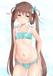  1girl :&lt; asagumo_(kantai_collection) ass_visible_through_thighs bangs bare_arms bare_shoulders bikini blue_background blue_bikini blue_bow blush bow closed_mouth collarbone cowboy_shot eyebrows_visible_through_hair flat_chest green_eyes hair_bow hair_rings hand_on_hip kantai_collection long_hair looking_away looking_to_the_side navel ne_an_ito ribbon solo stomach swimsuit twintails very_long_hair white_ribbon 