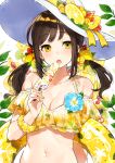  1girl :o bare_shoulders breasts brown_hair cleavage collarbone commentary_request food fruit green_eyes halter_top halterneck hat hat_ornament highres holding holding_food innertube large_breasts leaf lemon lemon_slice long_hair looking_at_viewer low_twintails midriff mika_pikazo multicolored multicolored_eyes nail_polish navel off_shoulder open_mouth original popsicle scrunchie sidelocks solo sun_hat twintails upper_body wrist_scrunchie yellow_eyes 