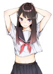  1girl adjusting_hair arms_behind_head bangs brown_hair flat_(joppin_karu!) highres long_hair looking_at_viewer midriff navel original pleated_skirt purple_eyes school_uniform serafuku simple_background skirt smile solo white_background 