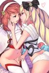  2girls blonde_hair bottomless bow dress elise_(fire_emblem) fire_emblem fire_emblem_fates hair_bow hairband imminent_kiss japanese_clothes long_hair multiple_girls navel open_mouth pink_hair purple_eyes red_eyes red_hair ribbon rilliant sakura_(fire_emblem) short_hair simple_background thighhighs twintails yuri 