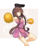  1girl :d alternate_costume armpits bangs bare_arms bare_shoulders black_headwear blunt_bangs breasts brown_hair cheerleader commentary eyebrows_visible_through_hair feet_out_of_frame grey_background highres holding holding_pom_poms looking_at_viewer medium_breasts midriff miniskirt nishida_satono open_mouth outstretched_arms pink_shirt pink_skirt pom_poms purple_eyes rin_falcon shirt short_hair_with_long_locks sidelocks skirt skirt_set sleeveless sleeveless_shirt smile solo standing standing_on_one_leg thighs touhou two-tone_background white_background 