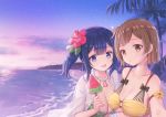  2girls bangs beach bikini blue_hair blush bow breasts brown_hair cleavage cloud coconut coconut_tree collarbone emia_wang evening eyebrows_visible_through_hair flower food hair_flower hair_ornament hair_ribbon hibiscus highres hiryuu_(kantai_collection) holding jewelry kantai_collection large_breasts long_hair multiple_girls necklace o-ring o-ring_bikini ocean open_mouth outdoors palm_tree popsicle puckered_lips red_flower ribbon seashell seashell_necklace shell short_hair side_ponytail sky souryuu_(kantai_collection) star_(sky) swimsuit tree twintails water 