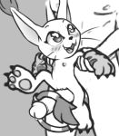  2019 anthro blush bodily_fluids claws clothing digimon digimon_(species) digital_media_(artwork) duo erection felid female forurune fur gatomon genital_fluids gloves handwear holding_(disambiguation) human male male/female mammal monochrome nipples nude open_mouth penis pussy simple_background sitting_on_penis size_difference smile spread_legs spreading 