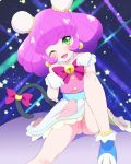  1girl ;d blue_footwear blush cat_tail censored chisato_(missing_park) double_bun eyebrows_visible_through_hair gloves green_eyes looking_at_viewer mao_(precure) mosaic_censoring no_panties one_eye_closed open_mouth paw_pose pink_hair precure pussy short_hair skirt smile solo star star_twinkle_precure starry_background tail white_gloves yuni_(precure) 