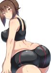  1girl ass bike_shorts blush breasts brown_eyes brown_hair cameltoe closed_mouth covered_nipples eyebrows_visible_through_hair girls_und_panzer large_breasts looking_at_viewer looking_back nishizumi_maho shiny shiny_clothes shiny_hair shiny_skin short_hair simple_background solo sports_bra sportswear white_background yottan 