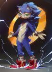  2019 4_fingers blue_body blue_fur clothing digital_media_(artwork) electricity eulipotyphlan fingers footwear fur gloves gold_ring green_eyes handwear hedgehog hi_res looking_at_viewer male mammal multicolored_fur quills redesign shoes simple_background sonic_(series) sonic_the_hedgehog video_games whiskers wickedinsignia 