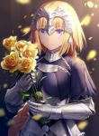  1girl armor armored_dress blonde_hair blue_eyes braid breasts commentary_request eyebrows_visible_through_hair fate/apocrypha fate_(series) flower gauntlets hair_ornament haribote_(tarao) headpiece holding holding_flower jeanne_d&#039;arc_(fate) jeanne_d&#039;arc_(fate)_(all) large_breasts long_braid long_hair looking_at_viewer single_braid smile solo upper_body yellow_flower 