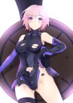 1girl :o armor armored_core armpits ass_visible_through_thighs bangs bare_shoulders black_leotard blush breasts broken_armor cowboy_shot elbow_gloves eyebrows_visible_through_hair eyes_visible_through_hair fate/grand_order fate_(series) gloves groin hair_over_one_eye highres jilu leotard looking_at_viewer mash_kyrielight medium_breasts navel parted_lips pink_hair purple_eyes purple_gloves shield short_hair simple_background solo thigh_strap torn_clothes torn_leotard white_background wrist_guards 