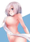  1girl blue_background blue_eyes breasts covered_nipples cowboy_shot groin hair_ornament hairclip hamakaze_(kantai_collection) kantai_collection konnyaku_(kk-monmon) large_breasts looking_at_viewer navel nude parted_lips short_hair silver_hair solo towel two-tone_background white_background 