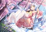  1girl :o ahoge animal azur_lane bare_shoulders bird blue_sky blush building chain cherry_blossoms chick choker cityscape cloud cloudy_sky collarbone day dutch_angle feet floating_hair hat heterochromia holding long_hair long_sleeves looking_at_viewer mamemena manjuu_(azur_lane) miniskirt nicholas_(azur_lane) no_shoes off_shoulder outdoors parted_lips peaked_cap petals pink_skirt railing red_eyes shirt silver_hair skirt sky solo swing thighhighs thighs tree very_long_hair white_legwear white_shirt yellow_eyes 