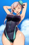  1girl armpits arms_behind_head arms_up asymmetrical_hair bangs bare_shoulders black_swimsuit blue_eyes blue_sky blue_swimsuit blush breasts bun_cover covered_navel fate/grand_order fate_(series) hair_bun highleg highleg_swimsuit highres large_breasts long_hair looking_at_viewer miyamoto_musashi_(fate/grand_order) one-piece_swimsuit one_eye_closed open_mouth pink_hair sky smile solo swept_bangs swimsuit thighs tokiwa_midori_(kyokutou_funamushi) two-tone_swimsuit wet 