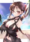  1girl absurdres ahoge bangs bare_shoulders beach black_dress blue_sky blush border braid breasts brown_hair collarbone consort_yu_(fate) crossed_arms dress ear_piercing fate/grand_order fate_(series) glasses hair_ornament hair_scrunchie hane_yuki heroic_spirit_chaldea_park_outfit highres large_breasts long_hair looking_at_viewer navel o-ring parted_lips piercing revealing_clothes ribbon-trimmed_dress scrunchie single_braid sky solo strapless strapless_dress very_long_hair white_border 