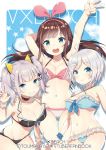  3girls :d a.i._channel arms_up bare_arms bare_shoulders bikini black_bikini black_choker blue_bikini blue_eyes blush breasts brown_hair choker cleavage closed_mouth collarbone commentary_request crossover dennou_shoujo_youtuber_shiro dolphin_hair_ornament frilled_bikini frills green_eyes grin groin hair_ornament hairband hairclip hand_up highres kaguya_luna kizuna_ai medium_breasts multicolored_hair multiple_crossover multiple_girls navel open_mouth otousan952 pink_hair pink_hairband shiro_(dennou_shoujo_youtuber_shiro) short_hair sidelocks silver_hair smile star streaked_hair swimsuit the_moon_studio twintails virtual_youtuber w white_bikini 