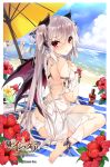  3girls ;d ^_^ age_of_ishtaria animal_ear_fluff animal_ears ass bare_shoulders barefoot beach_umbrella bikini blanket blue_sky blush breasts butt_crack casual_one-piece_swimsuit character_request closed_eyes cloud cloudy_sky copyright_name cup day drinking_glass flower fox_ears fox_girl fox_tail green_ribbon hair_ribbon highres horizon long_hair looking_at_viewer looking_back multiple_girls nose_blush ocean one-piece_swimsuit one_eye_closed open_mouth outdoors red_eyes red_flower red_wings ribbon saeki_touma see-through side-tie_bikini silver_hair sitting sky small_breasts smile solo_focus splashing standing striped swimsuit tail twintails umbrella very_long_hair wariza water watermark white_bikini white_swimsuit wings yellow_flower 