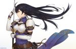  1girl ahoge ayra_(fire_emblem) belt belt_buckle black_hair blood blue_eyes breastplate breasts buckle cowboy_shot detached_sleeves dress earrings fire_emblem fire_emblem:_genealogy_of_the_holy_war floating_hair from_side gloves holding holding_sword holding_weapon injury jewelry long_hair long_sleeves parted_lips pauldrons profile purple_dress sheath shoulder_armor simple_background small_breasts solo sword unsheathed unsomnus v-shaped_eyebrows weapon white_background white_gloves 
