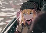  1girl absurdres bangs blonde_hair blurry blurry_background blurry_foreground brown_shirt closed_mouth collared_shirt commentary depth_of_field english_commentary eyebrows_visible_through_hair girls_frontline green_eyes green_headwear green_neckwear hair_between_eyes helmet highres long_hair looking_at_viewer m1_garand_(girls_frontline) necktie shirt signature solo_focus tegar32 upper_body v-shaped_eyebrows water 