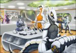  2019 android anthro boutique breasts detailed_background digital_media_(artwork) female group limbs machine male modules non-mammal_breasts nude parts robot smile standing store synth vader-san 