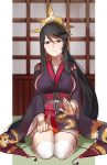  1girl alternate_costume artist_name black_hair brown_eyes chocojax closed_mouth commission fire_emblem fire_emblem_fates full_body hair_between_eyes hair_ornament highres japanese_clothes kimono long_hair long_sleeves mikoto_(fire_emblem) obi sash sitting solo wide_sleeves 
