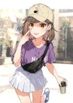  1girl akanbe baseball_cap bendy_straw blurry blurry_background breasts brown_hair brown_headwear clothes_writing collarbone cup depth_of_field disposable_cup drinking_straw earrings fanny_pack fingernails hat holding holding_cup jewelry long_hair looking_at_viewer original outdoors pleated_skirt purple_shirt red_eyes shirako_miso shirt shoes short_sleeves skirt small_breasts solo standing standing_on_one_leg tongue tongue_out white_skirt 