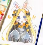  !! 1girl :o abigail_williams_(fate/grand_order) animal_ears bangs black_bow black_dress black_headwear blonde_hair blue_eyes blush_stickers bow bunny_ears commentary_request cropped_torso dress eyebrows_visible_through_hair fake_animal_ears fate/grand_order fate_(series) forehead hair_bow hands_up hat hat_removed headwear_removed highres holding holding_hat long_hair long_sleeves open_mouth orange_bow parted_bangs photo signature sleeves_past_fingers sleeves_past_wrists sofra solo traditional_media upper_body very_long_hair 