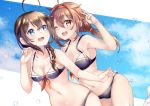  2girls bikini blush braids brown_hair bubbles kantai_collection long_hair mashiro_aa navel ponytail shigure_(kancolle) shiratsuyu_(kancolle) swimsuit twintails wink 