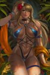  1girl alternate_costume armlet bare_shoulders bikini blonde_hair blue_bikini blue_eyes blue_swimsuit blush bracelet breasts choker cleavage closed_mouth earrings english_commentary fern flower hair_between_eyes hair_flower hair_ornament high_ponytail highres hip_focus jewelry large_breasts long_hair metroid mole mole_under_mouth navel navel_piercing night night_sky piercing ponytail red_lips samus_aran sidelocks sky smile soffa super_smash_bros. swimsuit thighlet thighs 