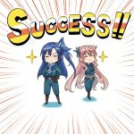  2girls aqua_eyes belt black_gloves blue_eyes chibi emphasis_lines english_text gloves kazanari_tsubasa maria_cadenzavna_eve multiple_girls pink_hair senki_zesshou_symphogear side_ponytail striped striped_neckwear ueyasu uniform 