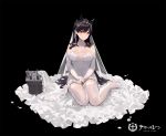  1girl animal_ears atago_(azur_lane) azur_lane bangs black_background black_hair breasts bridal_veil brown_eyes closed_mouth commentary_request copyright_name dress elbow_gloves extra_ears flower gloves hair_ribbon jewelry kishiyo large_breasts logo long_hair mole mole_under_eye petals ribbon ring smile swept_bangs thighhighs turret veil wedding wedding_band wedding_dress white_dress white_flower white_gloves white_ribbon 