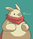  2011 anthro belly blue_background english_text kui lagomorph leporid mammal overweight rabbit scarf simple_background solo text 