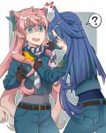  2girls ? adjusting_another&#039;s_clothes aqua_eyes belt black_gloves blue_eyes gloves kazanari_tsubasa maria_cadenzavna_eve multiple_girls pink_hair senki_zesshou_symphogear side_ponytail strangling striped striped_neckwear ueyasu uniform 