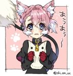  1girl animal_ears blue_eyes braid collar dog_ears elsa_(symphogear) gloves highres multicolored_hair pink_hair red_gloves senki_zesshou_symphogear tail tears twitter_username two-tone_hair wavy_mouth white_hair yuuheisyoujyo 