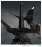  aircraft airplane blurry_foreground cannon cloud cloudy_sky commentary_request dark_clouds eiffel_tower emblem flying kantai_collection kitsuneno_denpachi military military_vehicle no_humans propeller sky translation_request turret 