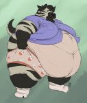  anthro belly belly_overhang big_belly black_fur chubby_cheeks claws clothed clothing double_chin dressing fluffylai fur grey_fur hyaenid legwear male mammal moobs obese obese_male overweight overweight_male socks solo standing striped_fur striped_hyena stripes thick_thighs toe_claws underwear worried 