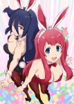  2girls animal_ears ass back-to-back black_hair black_leotard black_neckwear blue_eyes bow bowtie breasts brown_legwear bunny_ears bunny_girl bunny_tail bunnysuit commentary_request detached_collar fishnet_pantyhose fishnets full_body highres large_breasts leaning_forward leotard long_hair looking_at_viewer medium_breasts minamoto_sakura multiple_girls one_side_up pantyhose perspective pink_hair polka_dot polka_dot_bow red_eyes red_leotard red_neckwear ribbon standing strapless strapless_leotard tail ueyama_michirou very_long_hair wrist_cuffs yamada_tae zombie_land_saga 