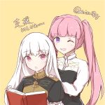  2girls airisuotog book fire_emblem fire_emblem:_three_houses highres hilda_valentine_goneril holding holding_book long_hair long_sleeves lysithea_von_cordelia multiple_girls one_eye_closed open_book open_mouth orange_background pink_eyes pink_hair simple_background twintails twitter_username uniform upper_body white_hair 