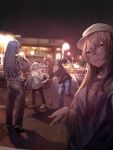  404_(girls_frontline) alternate_costume baseball_cap building car coca-cola g11_(girls_frontline) girls_frontline ground_vehicle hat highres hk416_(girls_frontline) hood hooded_jacket jacket miyabino_(miyabi1616) motor_vehicle night night_sky scar scar_across_eye shoes skateboard skateboarding sky sneakers tin_can twintails ump45_(girls_frontline) ump9_(girls_frontline) yellow_eyes 