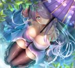  1girl arm_support bangs bare_shoulders between_breasts black_gloves blue_eyes blurry_foreground blush braid breasts butterfly_hair_ornament cleavage closed_mouth draph elbow_gloves gloves granblue_fantasy hair_ornament hair_over_one_eye head_tilt horns large_breasts lavender_hair long_hair looking_at_viewer low_tied_hair narmaya_(granblue_fantasy) plant pointy_ears purple_hair ripples seiza shade sidelocks signature sitting skindentation smile solo thighhighs umbrella wagashi_(user_efep7488) water 