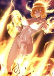  1girl artist_name bangs barefoot breasts butter-t collarbone commentary convenient_leg dark_skin elemental_(creature) english_commentary eyebrows_visible_through_hair fiery_hair fire glowing glowing_eyes holding_flame ignis_(monster_girl_encyclopedia) looking_at_viewer medium_breasts monster_girl monster_girl_encyclopedia navel nude orange_hair parted_lips pointy_ears shaded_face short_hair smile smirk solo twitter_username v-shaped_eyebrows 