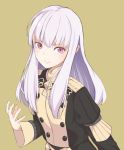 +5cm 1girl closed_mouth epaulettes fire_emblem fire_emblem:_three_houses highres long_hair long_sleeves lysithea_von_cordelia pink_eyes simple_background smile solo uniform upper_body white_hair yellow_background 