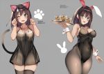  2girls :d ;d alcohol animal_ears bare_arms bare_shoulders black_dress black_legwear black_leotard blue_eyes bow bowtie breasts brown_hair brown_legwear bunny_ears bunnysuit cat_ears cat_tail cleavage collarbone covered_navel cowboy_shot cup detached_collar dress drinking_glass fake_animal_ears grey_background hairband halter_dress hand_up hands_up holding holding_tray kureha_(ironika) large_breasts leotard long_hair looking_at_viewer multiple_girls one_eye_closed open_mouth original pantyhose paw_pose sidelocks sleeveless sleeveless_dress smile standing sweatdrop tail thighhighs tray tsubasa_(kureha) wrist_cuffs zettai_ryouiki 