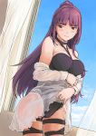  1girl bare_shoulders black_swimsuit blush breasts cowboy_shot eyebrows_visible_through_hair girls_frontline highres large_breasts long_hair looking_at_viewer one-piece_swimsuit purple_hair red_eyes solo swimsuit vent_arbre wa2000_(girls_frontline) 