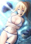 1girl ahoge artoria_pendragon_(all) baseball_cap bikini blonde_hair blue_eyes blue_headwear blue_jacket breasts collarbone cropped_jacket crossed_arms fate/grand_order fate_(series) hair_between_eyes hat hat_removed headwear_removed jacket jacket_removed large_breasts lying mimelex mysterious_heroine_xx_(foreigner) navel on_back ponytail shrug_(clothing) side-tie_bikini solo swimsuit thigh_strap white_bikini 