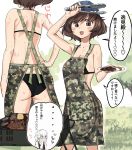  2girls akiyama_yukari apron bangs bikini blue_eyes blush brown_eyes brown_hair food girls_und_panzer grass grill grilling hat highres itsumi_erika messy_hair multiple_girls plate ponytail short_hair silver_hair sweat swimsuit toku_(yhpv8752) tongs translation_request 